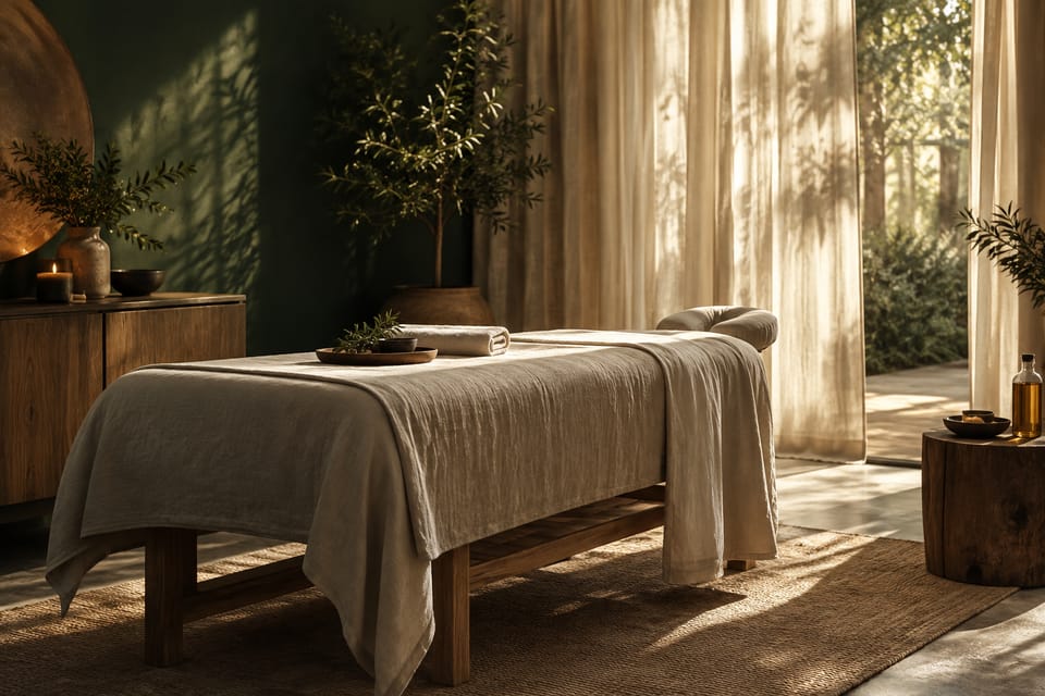 Gestaltungsidee: ein ruhiger Massageraum mit Leinentüchern und warmem Sonnenlicht